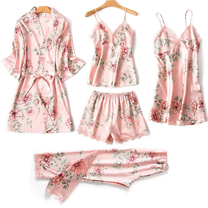 Conjunto Pijama 5 Peças em Cetim - Encanto Floral